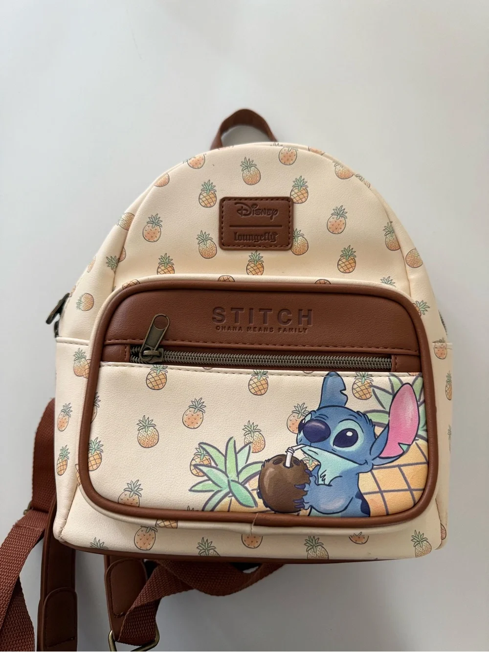 Disney Stitch Cream Pineapple Kids Mini Backpack with Brown Trim